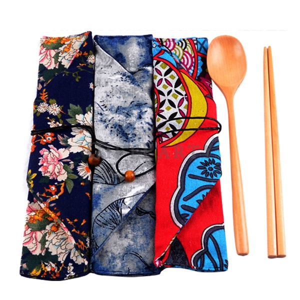 Japanese tableware set and wind tableware wooden cloth bag,日式餐具組和風餐具木制餐具組布包環保筷