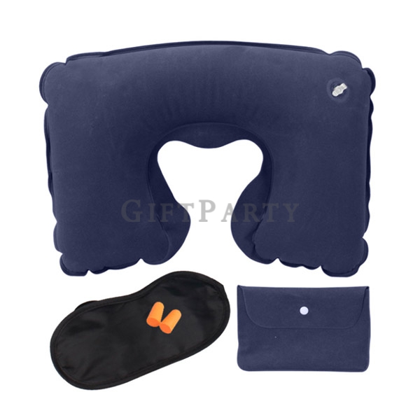 飛機贈品,船贈品,展場贈品-植絨充氣枕罩耳塞旅行三寶藍色,Inflatable U-shaped pillow