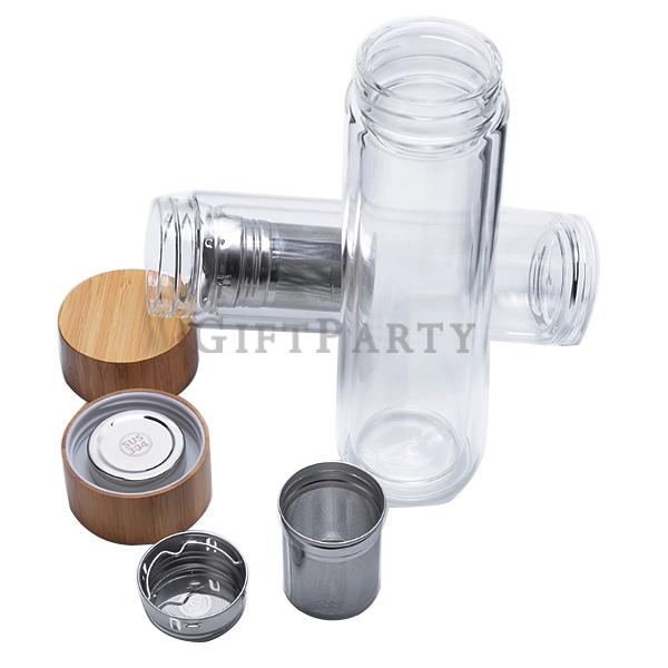 木蓋玻璃杯,木蓋雙層玻璃瓶,濾網玻璃瓶,禮品,贈品,禮贈品,高硼硅雙層玻璃瓶450ml(附濾網)