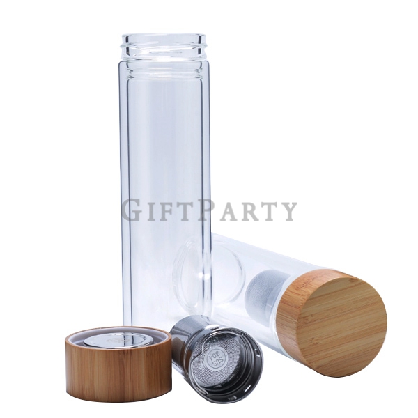 木蓋玻璃杯,木蓋雙層玻璃瓶,濾網玻璃瓶,禮品,贈品,禮贈品,高硼硅雙層玻璃瓶450ml(附濾網)
