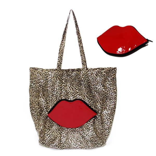 Pu lip fold shopping bag (leopard print),精品禮品,時尚禮品,vouge贈品,百貨公司贈品,客製化禮品,PU皮豹紋折疊環保袋嘴唇拉鍊包