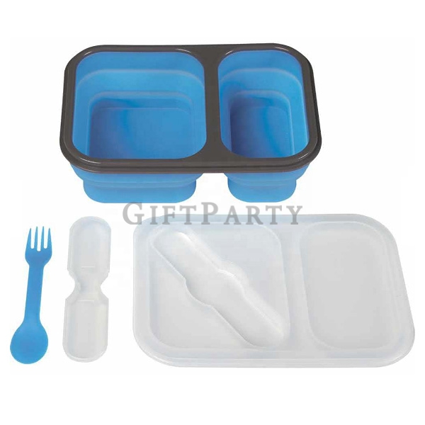 BPA free  2 section rectangle collapsible silicone lunch box,食品級矽膠折疊餐盒(二分格),2格餐盒,矽膠折疊餐盒,客製午餐盒,可微波餐盒,