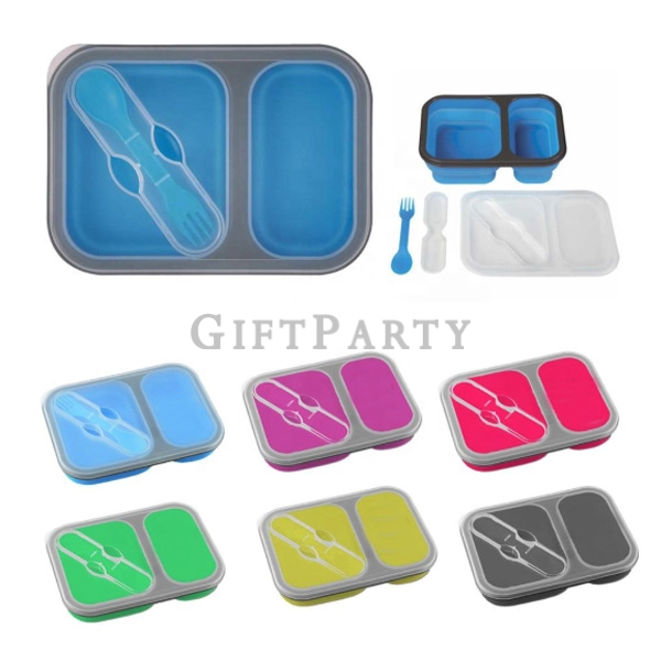 BPA free  2 section rectangle collapsible silicone lunch box,食品級矽膠折疊餐盒(二分格),2格餐盒,矽膠折疊餐盒,客製午餐盒,可微波餐盒,