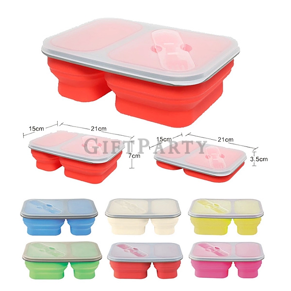 BPA free  2 section rectangle collapsible silicone lunch box,食品級矽膠折疊餐盒(二分格),2格餐盒,矽膠折疊餐盒,客製午餐盒,可微波餐盒,