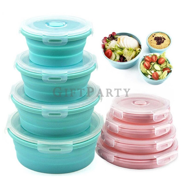 Silicone lunch box round lunch box, silicone folding lunch box,食品級矽膠折疊餐盒保鮮盒,Silicone round  folding