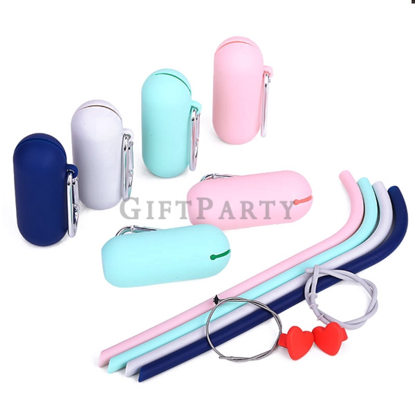 Food grade silicone straw with capsule box carabiner,食品級矽膠吸管帶膠囊盒登山扣,Eco friendy  silicone straw with