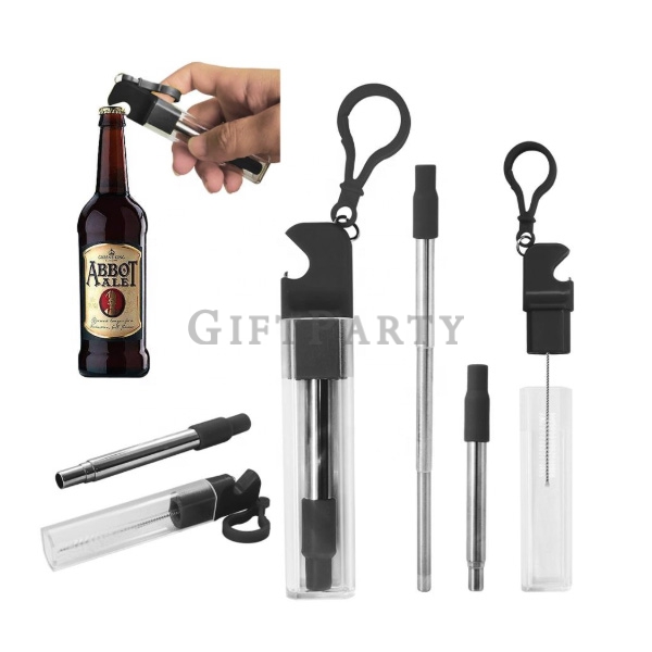 304 steel bottle opener extendable metal Straw set,不鏽鋼吸管伸縮吸管帶開瓶器