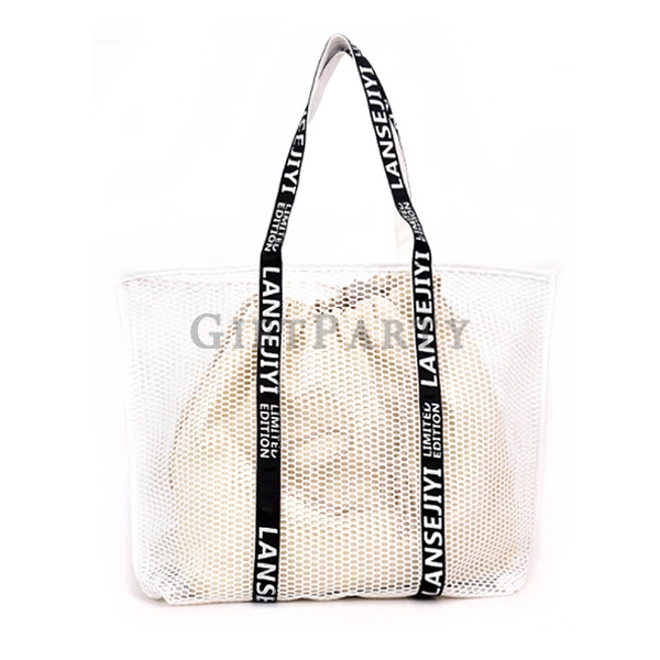 Beach Tote white/black Mesh Large Beach Bag with canvas bag,大號沙灘網袋購物袋附帆布袋