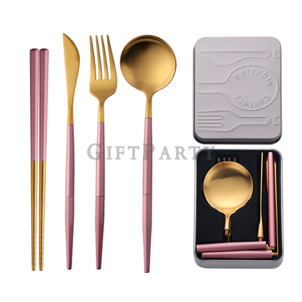 粉色餐具組,日本贈品,少女餐具,少女贈品,百貨公司贈品,不鏽鋼葡萄牙餐具口袋便攜套裝10