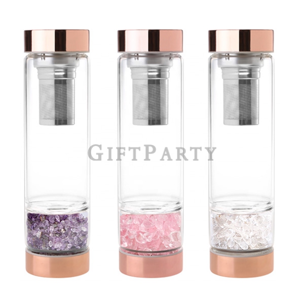 Tea Strainer Amethyst Chip Stone Drink Water Bottle BPA Free Stainless Steel Glass Crystal Water Bot