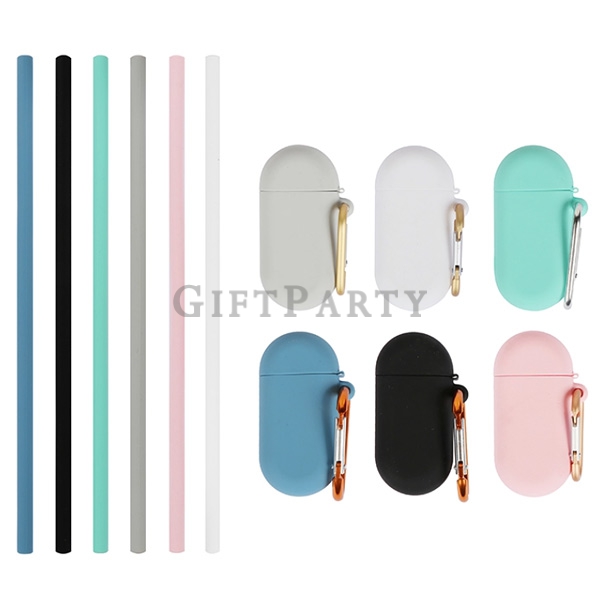 Silicone Drinking Straws With Brush And Case,環保吸管,折疊吸管,矽膠吸管,食品級矽膠折疊吸管楕圓盒帶登山扣, Environmental straws, 