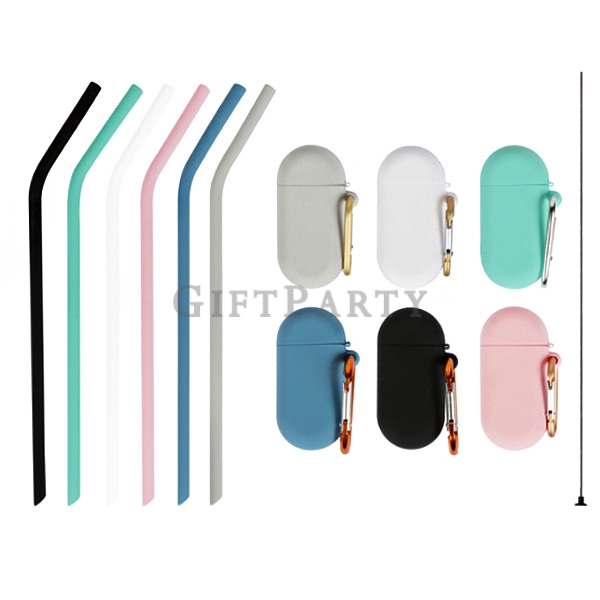 Silicone Drinking Straws With Brush And Case,環保吸管,折疊吸管,矽膠吸管,食品級矽膠折疊吸管楕圓盒帶登山扣