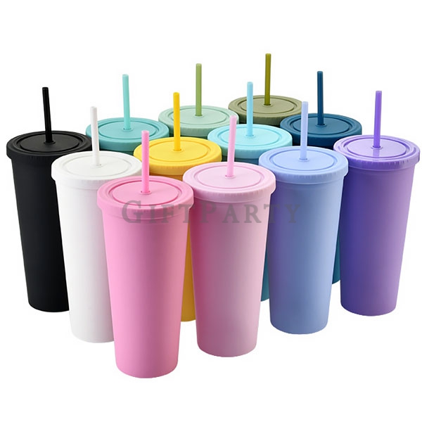 Double-layer plastic cup with straw 700ml 22oz,雙層塑料吸管杯700ml純色,禮品,文創禮品,廣告贈品