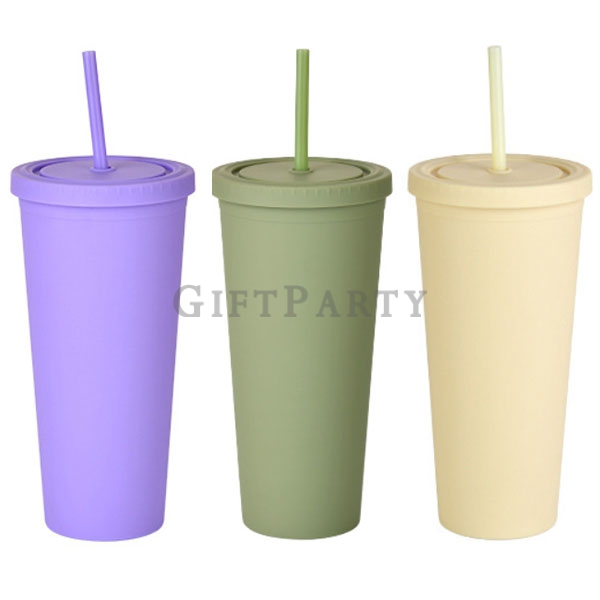 Double-layer plastic cup with straw 700ml 22oz,雙層塑料吸管杯700ml純色,禮品,文創禮品,廣告贈品