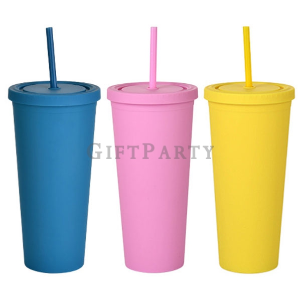 Double-layer plastic cup with straw 700ml 22oz,雙層塑料吸管杯700ml純色,禮品,文創禮品,廣告贈品