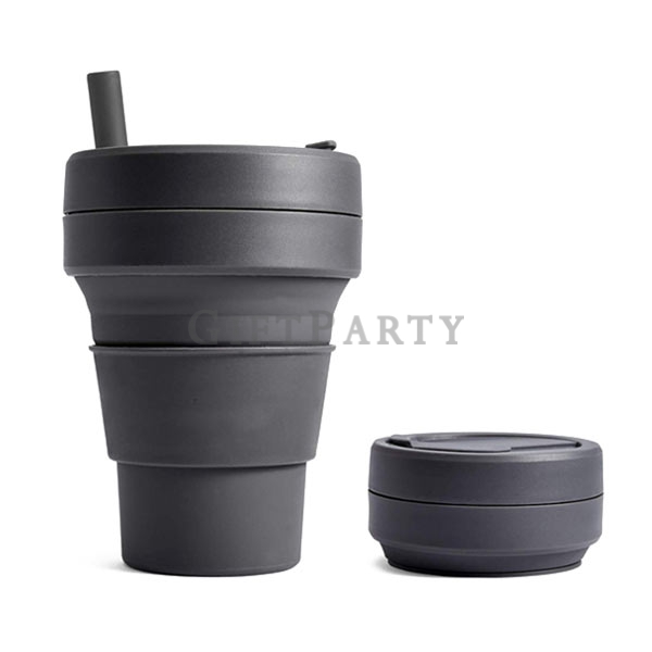 Silicone Travel Cups 16oz Collapsible Coffee Cup With Straw,食品級矽膠折疊咖啡杯環保袋帶管16oz