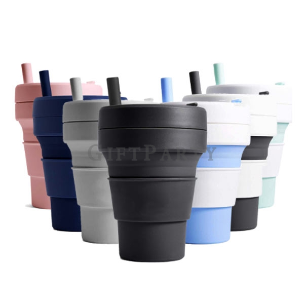 環保杯,折疊吸管杯,客製化禮品,環保贈品,食品級矽膠折疊咖啡杯環保袋帶管16oz0