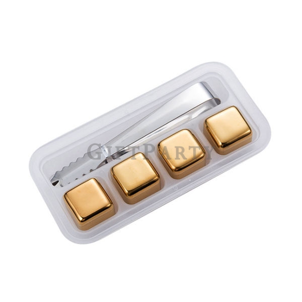 4pcs set  Stainless Steel Ice Cubes,威士忌冰塊,冰酒石,金色冰酒石4顆帶夾