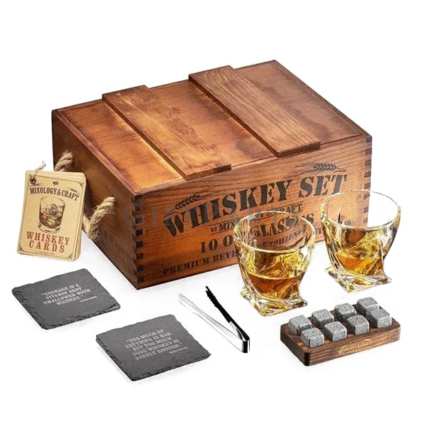 Wood Whiskey Stones Gift Set,威士忌禮盒木制禮盒(酒杯,冰酒石),酒商禮品,威士忌禮盒,