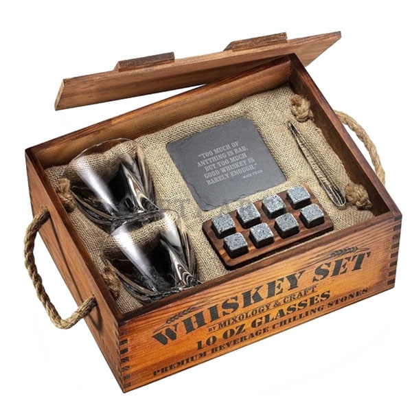 高端禮品, Wood Whiskey Stones Gift Set,威士忌禮盒木制禮盒(酒杯,冰酒石,杯墊,夾子)2