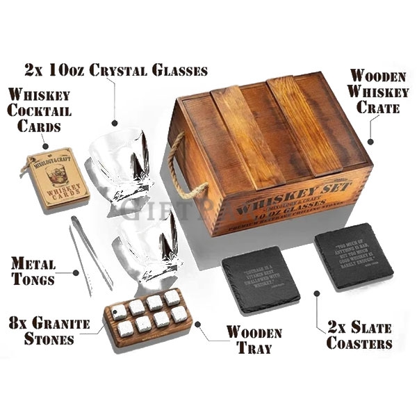 高端禮品, Wood Whiskey Stones Gift Set,威士忌禮盒木制禮盒(酒杯,冰酒石,杯墊,夾子)2