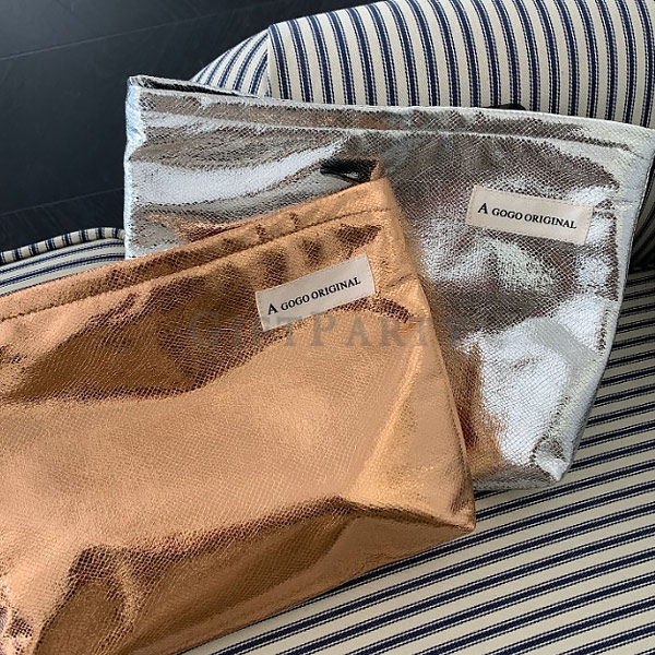 custom cosmetic pouch, silver makeup bag, fashion promo gift, department store giveaway, branded bea