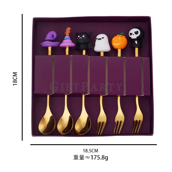 Halloween figurine fork and spoon set of 6 with festive 3D handles. Made from durable stainless stee