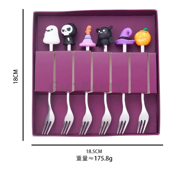 Halloween figurine fork and spoon set of 6 with festive 3D handles. Made from durable stainless stee