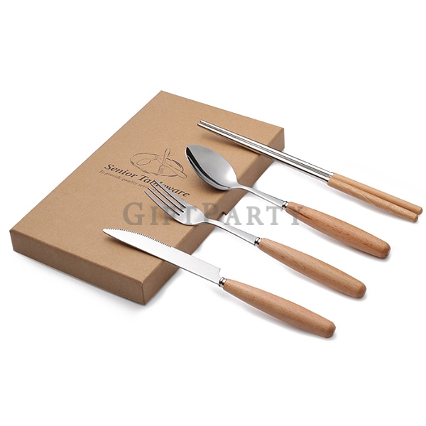 百貨贈品,信用卡贈品,滿額贈,贈品,原木不銹鋼餐具四件組, Log stainless steel cutlery four-piece set