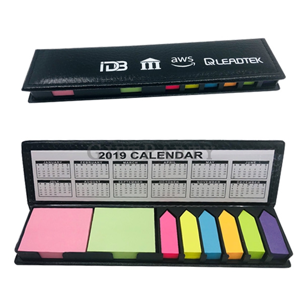 Sticky note pad PU leather box with calendar,PU皮革長型便條盒,PU leather box sticky notes memo set calendar