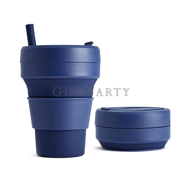 Silicone Travel Cups 16oz Collapsible Coffee Cup With Straw,食品級矽膠折疊咖啡杯環保袋帶管16oz