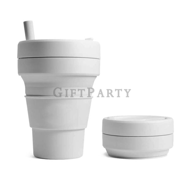 Silicone Travel Cups 16oz Collapsible Coffee Cup With Straw,食品級矽膠折疊咖啡杯環保袋帶管16oz
