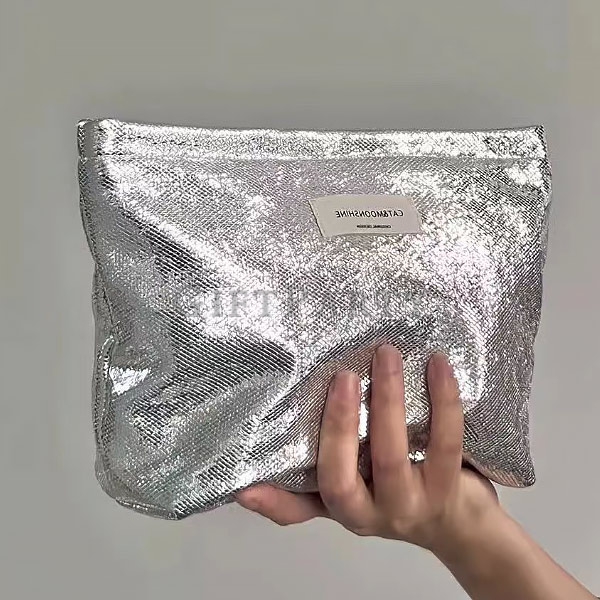 custom cosmetic pouch, silver makeup bag, fashion promo gift, department store giveaway, branded bea